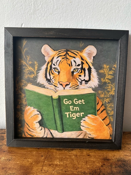 Other - Framed Tiger Reading Go Get Em Tiger Wooden Wall Art Decor New In Packaging